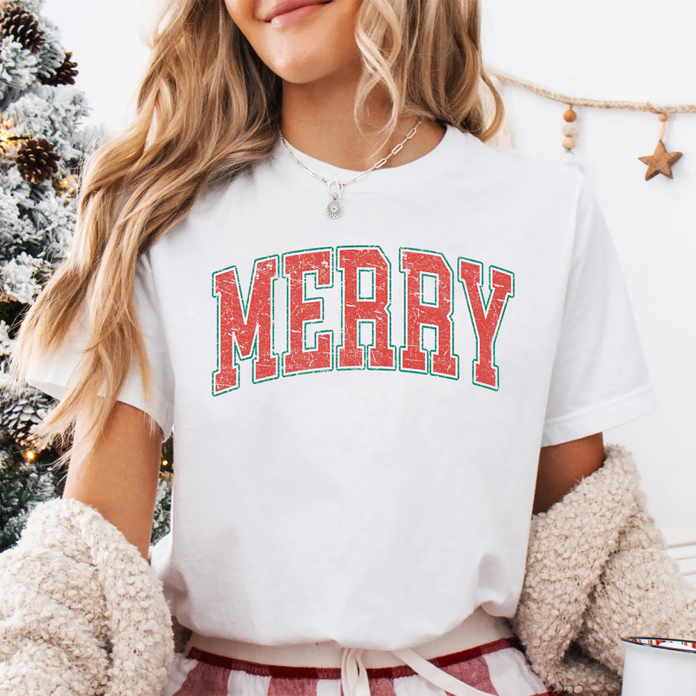 Merry Block Letters Christmas Graphic Tee