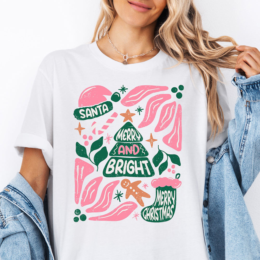 Merry And Bright Floral Santa Merry Christmas Graphic Tee