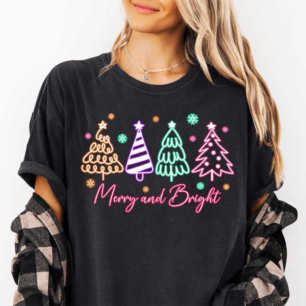 Merry And Bright Neon Christmas Tree Graphic Tee