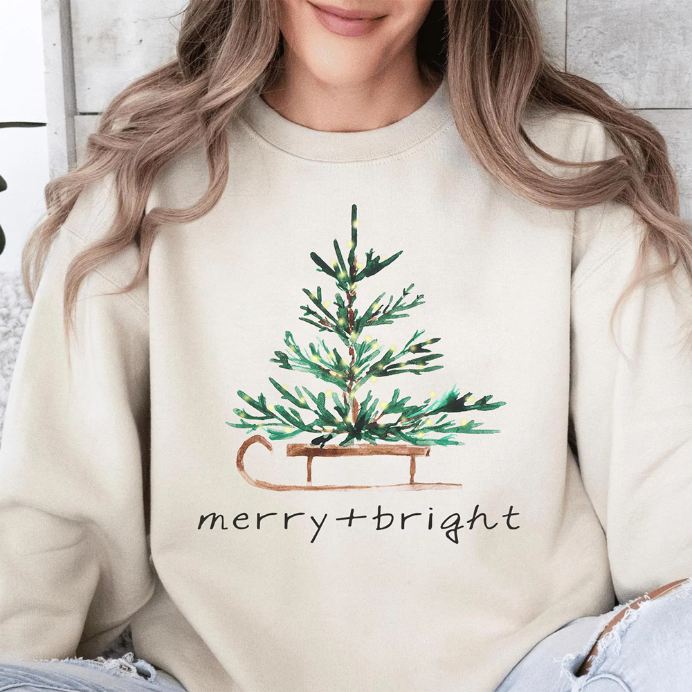 Merry + Bright Tree On Sled Wintry Christmas Graphic Sweatshirt