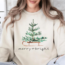  Merry + Bright Tree On Sled Wintry Christmas Graphic Sweatshirt