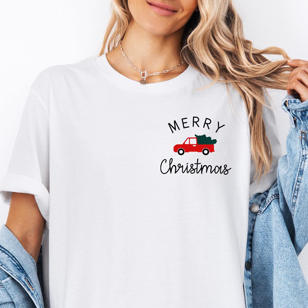 Merry Christmas Red Truck Cute Pocket Christmas Graphic Tee