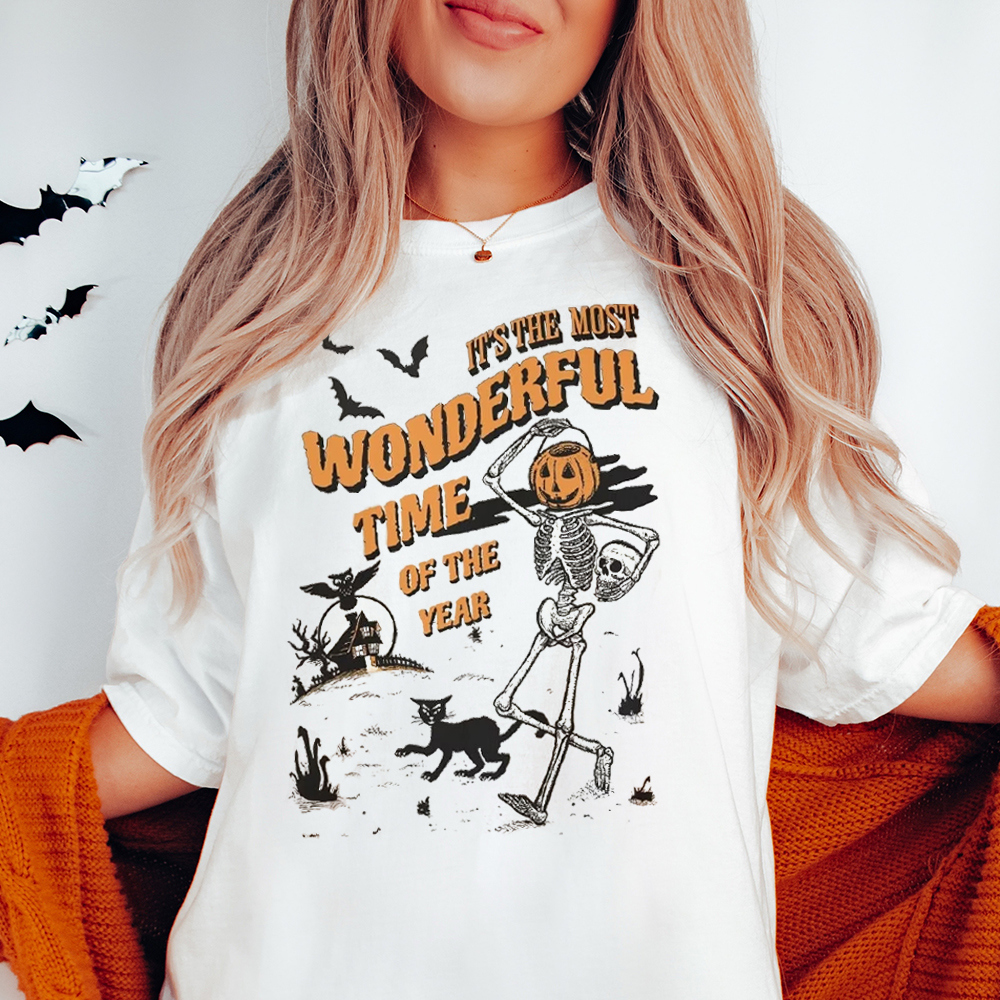 Most Wonderful Time Skeleton Pumpkin Fall & Halloween Graphic Tee