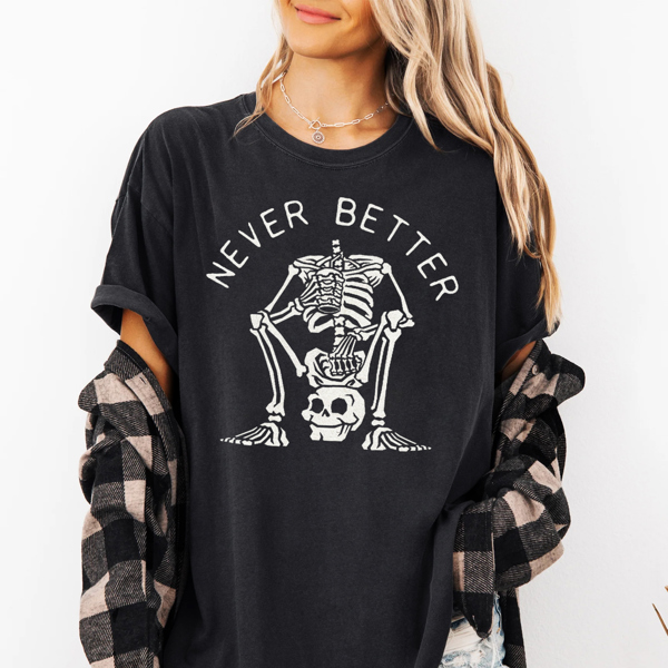 Never Better Funny Skeleton Drinking Iced Coffee Fall & Halloween Graphic Tee