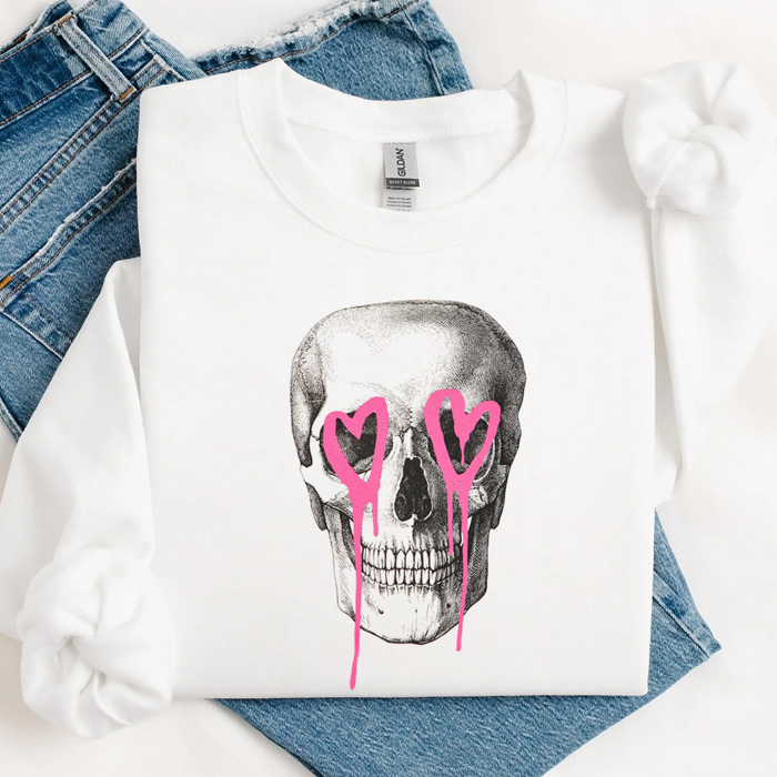 Pink Heart Skull Valentine's Day Graphic Sweatshirt