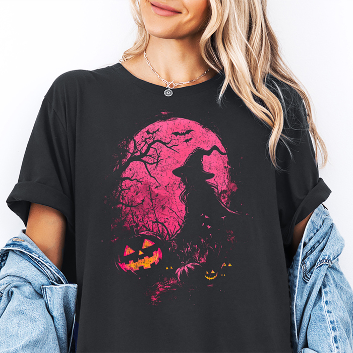 Spooky Pink Witch & Pumpkins Fall & Autumn Graphic Tee | Halloween Shirt