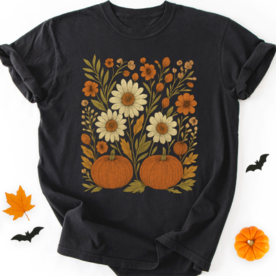Pumpkin & Wildflower Fall Floral Autumn Graphic Tee | Floral Shirt