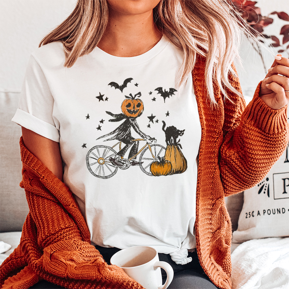 Pumpkinhead Riding A Bicycle Halloween Graphic Tee