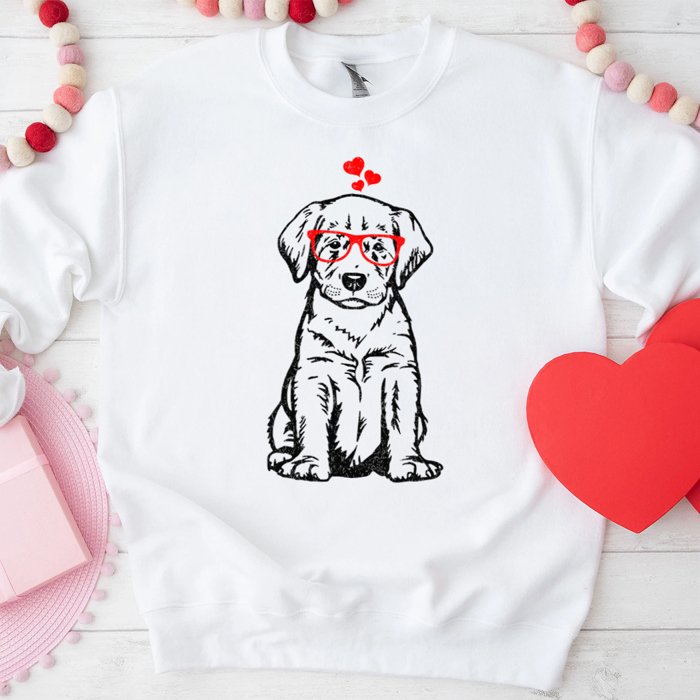 Puppy Love Dog & Heart Glasses Lab Valentine's Day Graphic Sweatshirt, Valentine's Day Shirt, Valentine's Sweatshirt