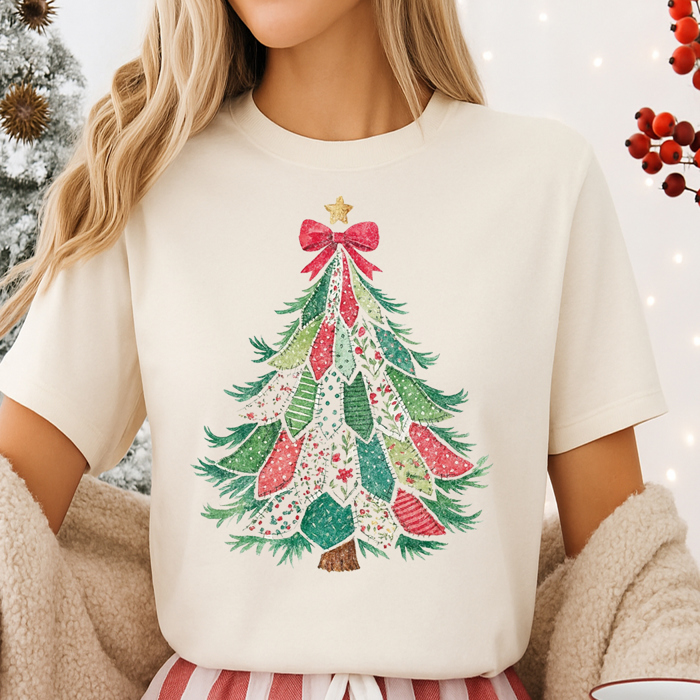 Nostlagic Quilted Christmas Tree Vintage Holiday & Winter Graphic Tee | Christmas Shirt
