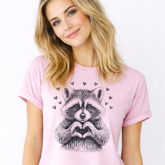 Raccoon With Heart Hands Adorable Animal Lover Feral Valentine's Day Graphic Tee | Valentine Shirt