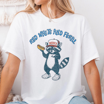 Red White & Feral Funny USA Raccoon Patriotic Animal Graphic Tee | 4th Of July Tee