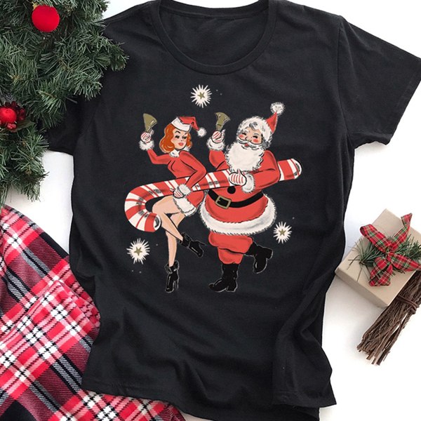 Retro Elf And Santa With Candycane Christmas Graphic Tee