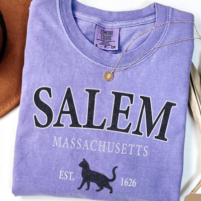 Salem Black Out Cat & Witch Spooky Fall & Autumn Comfort Colors Graphic Tee | Halloween Shirt