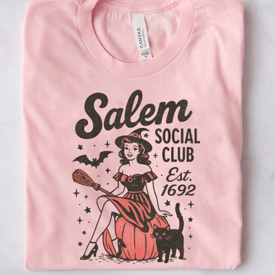 Salem Social Club Retro Witch Pumpkin Black Cat Vintage Fall & Autumn Graphic Tee | Halloween Shirt