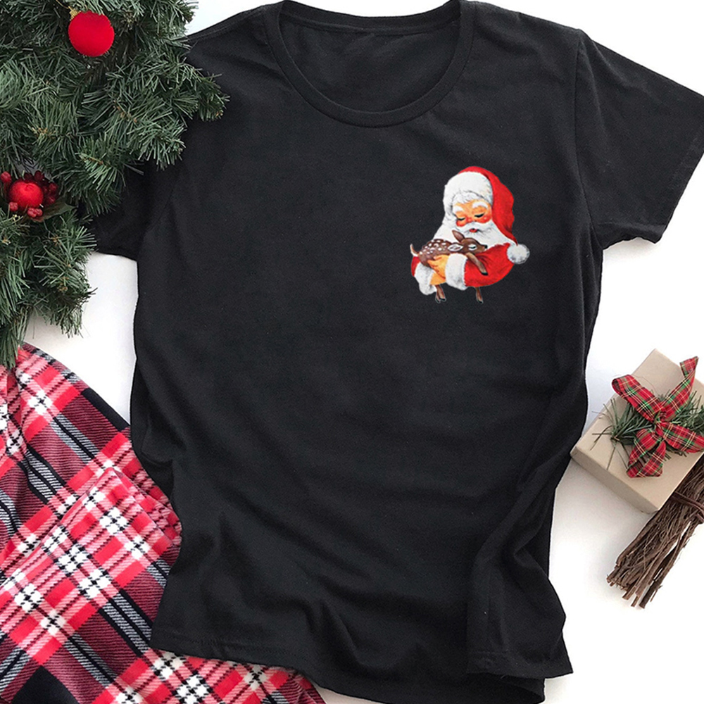 Santa Holding A Baby Deer Cute Pocket Christmas Graphic Tee