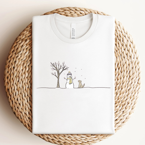 Cute Winter Snowman Dog & Tree Minimalist Christmas Snow Graphic Tee