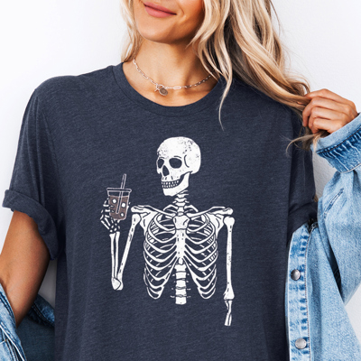 Skeleton Drinking Iced Coffee Funny Teacher Mama Fall & Autumn Graphic Tee | Halloween Shirt