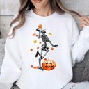  Skeleton Dancing Under The Falling Autumn Leaves With Pumpkin Halloween Graphic Sweatshirt