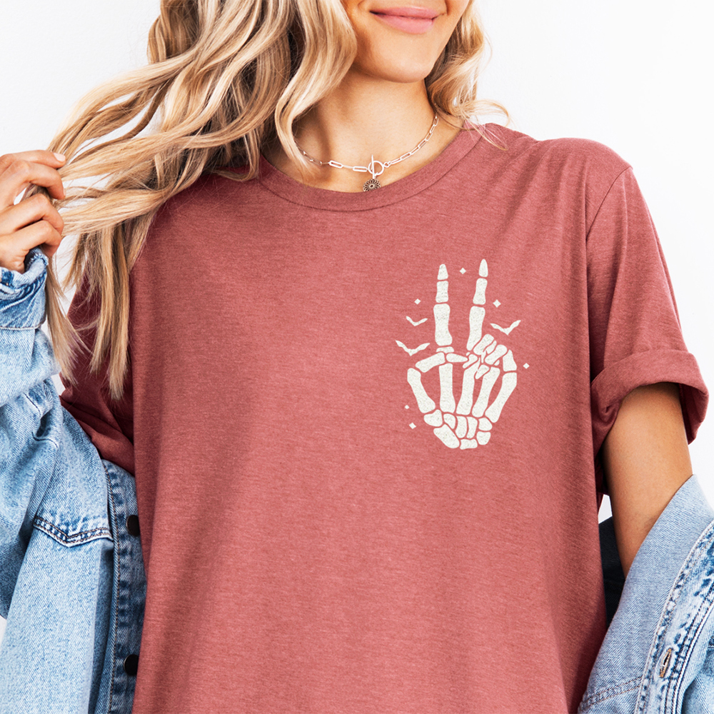 Skeleton Hand Peace Sign Halloween Graphic Tee