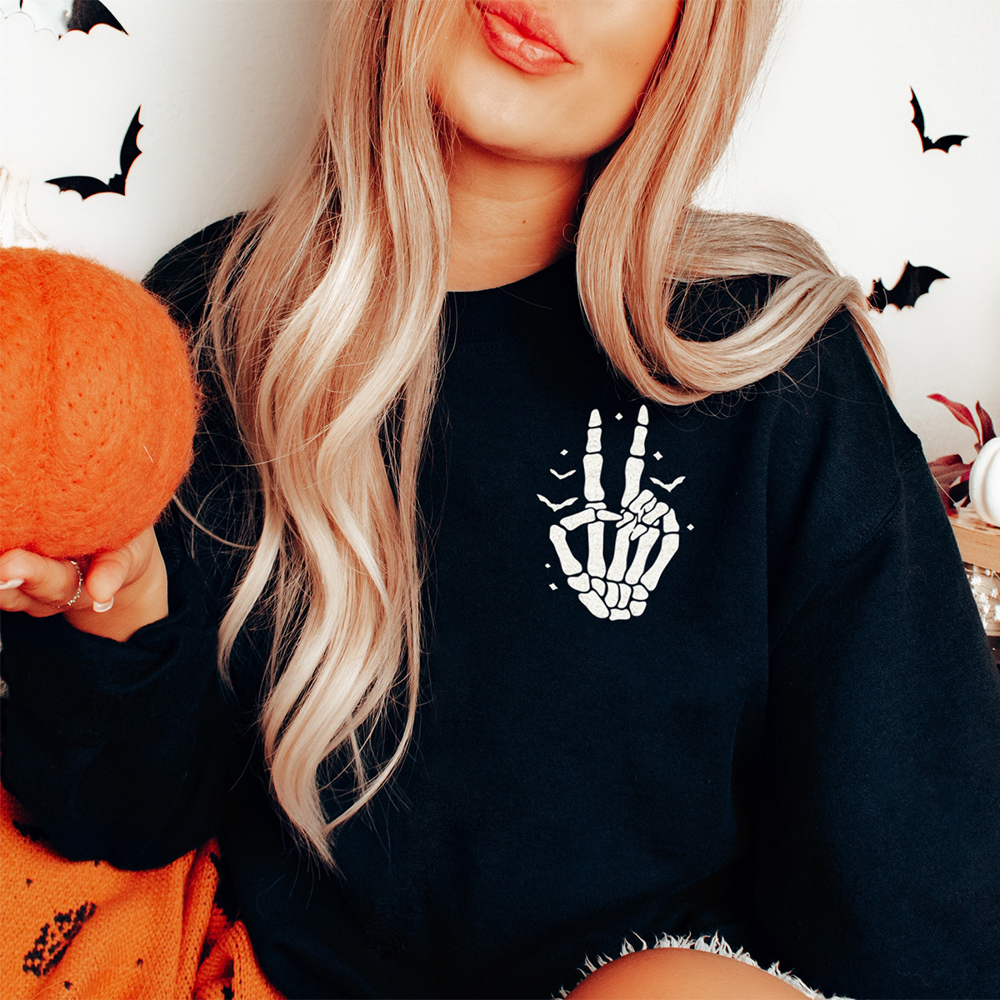 Skeleton Peace Sign Halloween Graphic Sweatshirt