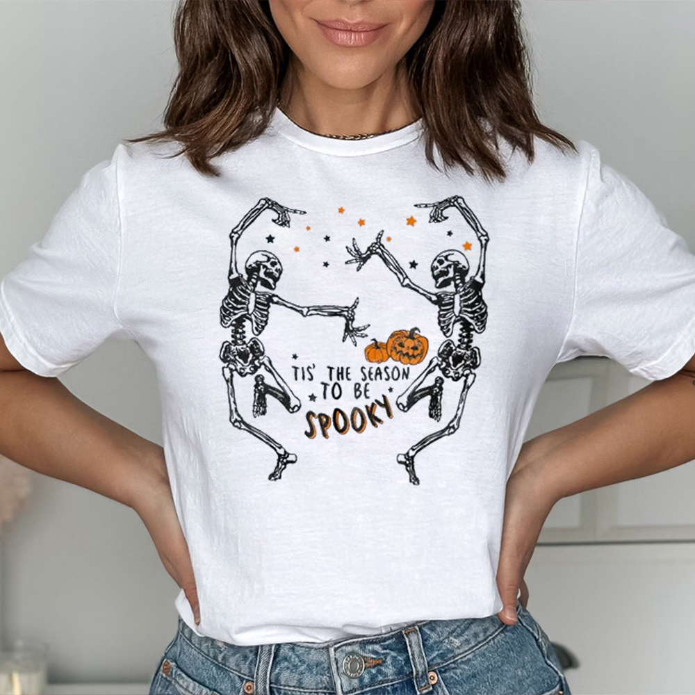 Tis The Season To Be Spooky Skeletons Dancing Halloween Graphic Tee