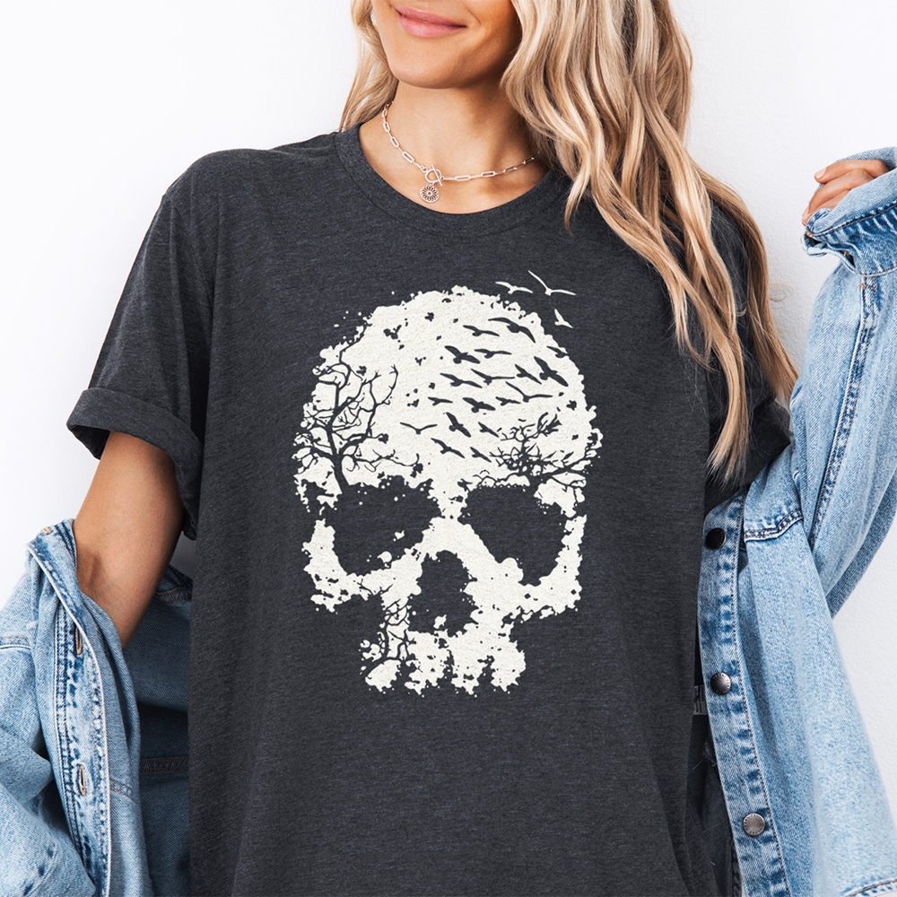 Birds Flying Out Of Skull Spooky Halloween Graphic Tee