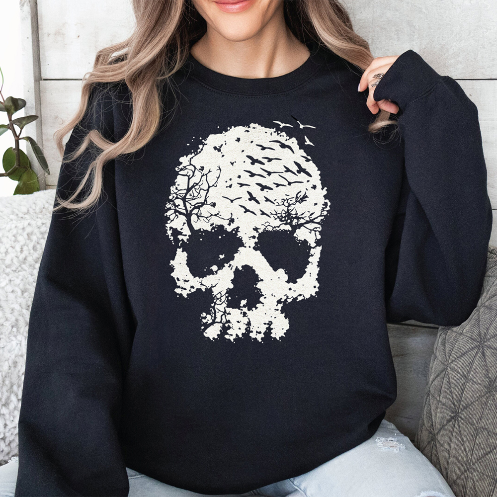 Birds Flying Out Of Skull Spooky Halloween Graphic Sweatshirt