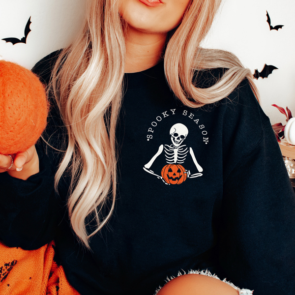 Spooky Season Skeleton Pumpkin Fall & Halloween Pocket Graphic Sweatshirt