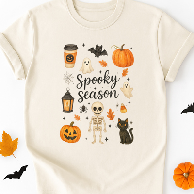 Spooky Season Collage Pumpkin Skeleton Cat Coffee Fall & Halloween Teacher Graphic Tee | Halloween Shirt
