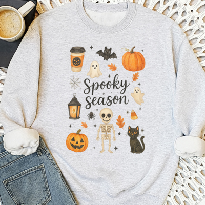 Spooky Season Collage Pumpkin Skeleton Cat Coffee Fall & Halloween Teacher Graphic Sweatshirt | Halloween Shirt