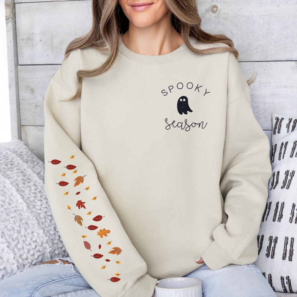 Spooky Season Ghost Fall Leaves Halloween Pocket Graphic Sweatshirt