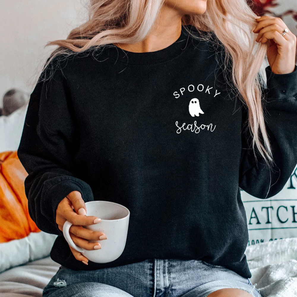 Spooky Season Cute Ghost Fall & Halloween Pocket Graphic Sweatshirt