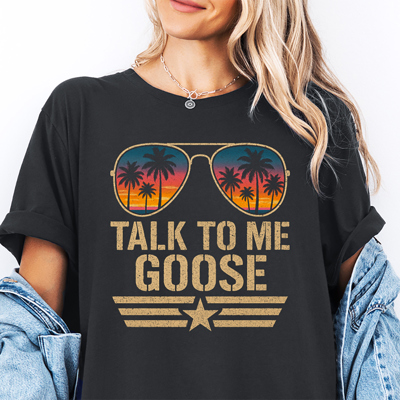 Talk To Me Goose Summer Sunset Top Gun 80's Throwback Movie Graphic Tee