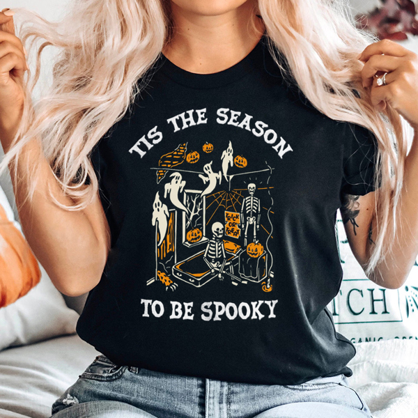 Tis The Season Ghost And Skeleton Halloween Graphic Tee