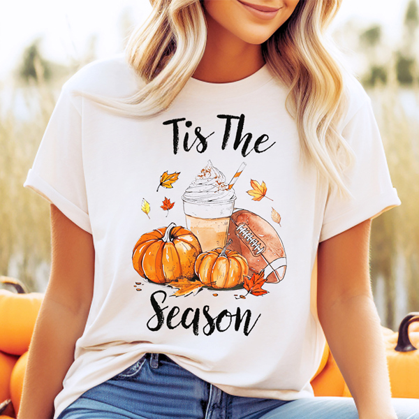 Tis The Season Pumpkin Spice Football Latte Fall Autumn Graphic Tee