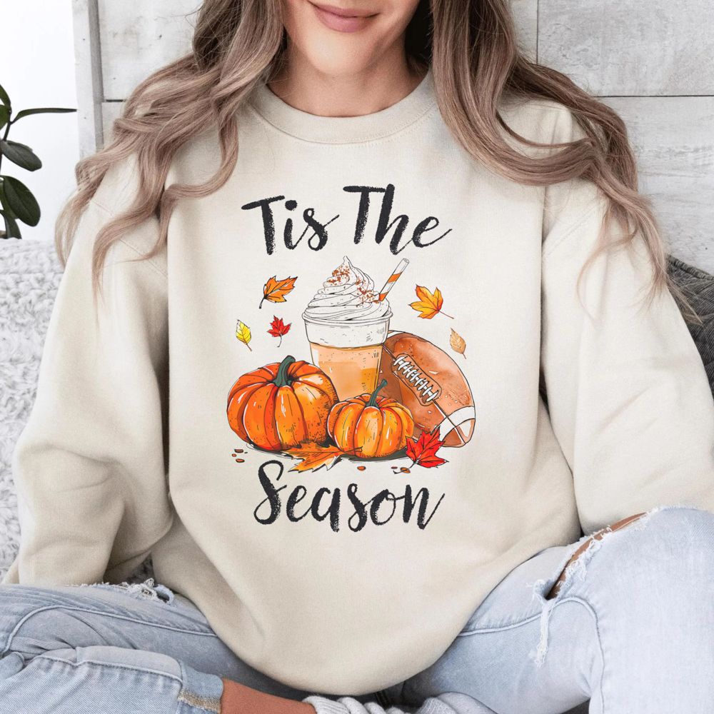 Tis The Season Pumpkin Spice Football Latte Fall Autumn Graphic Sweatshirt