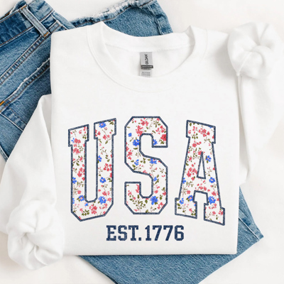 Patriotic Floral USA Americana Graphic Sweatshirt Tee | 4th Of July America Sweatshirt