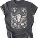  Vintage Western Floral Steer Skull And Roses Country Southwest Graphic Tee | Floral Country Shirt