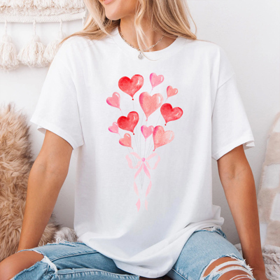 Watercolor Heart & Coquette Bow Balloon Valentine's Day Graphic Tee, Valentines Shirt