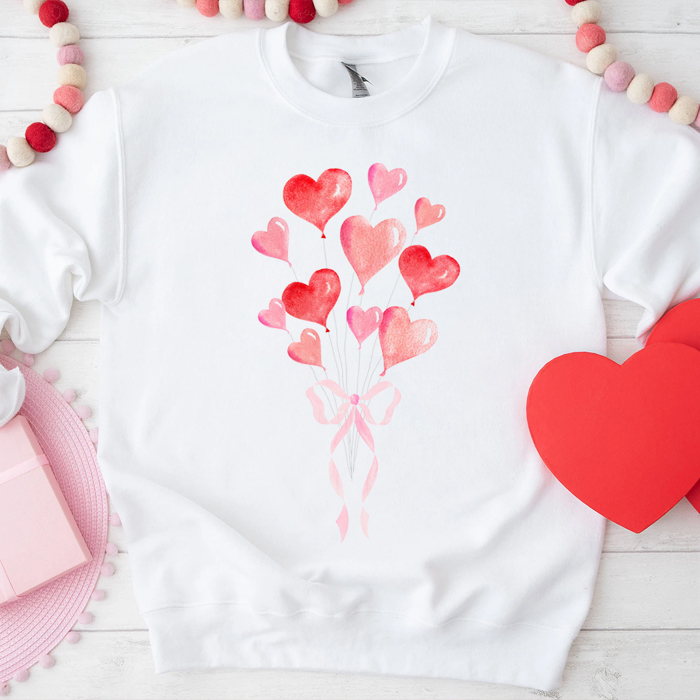 Watercolor Balloons Coquette Bow Valentine's Day Graphic Sweatshirt, Valentines Shirt, Valentines Sweatshirt