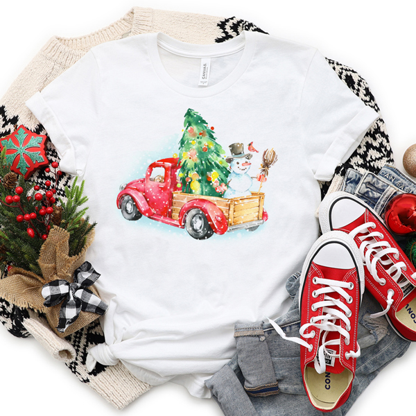 Watercolor Red Truck Cute Christmas Graphic Tee