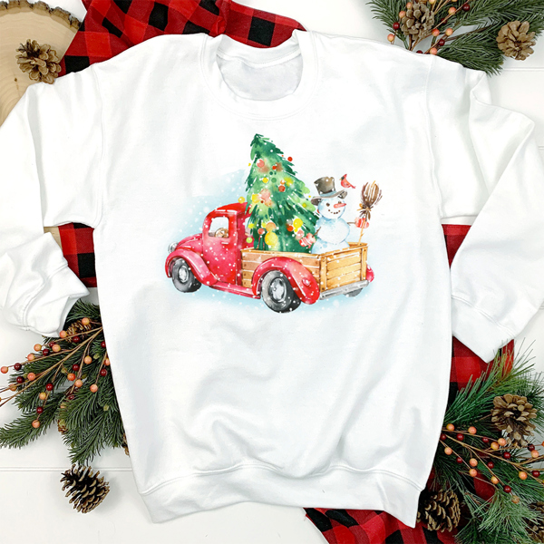 Watercolor Red Christmas Truck Graphic Sweatshirt