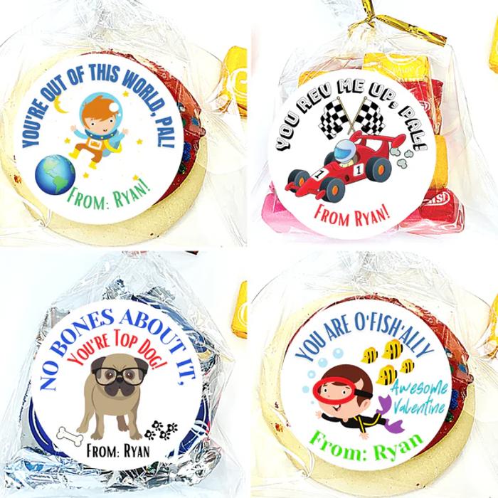 Personalized Kids Holiday / Valentines Day Party Stickers & Treat Bags 