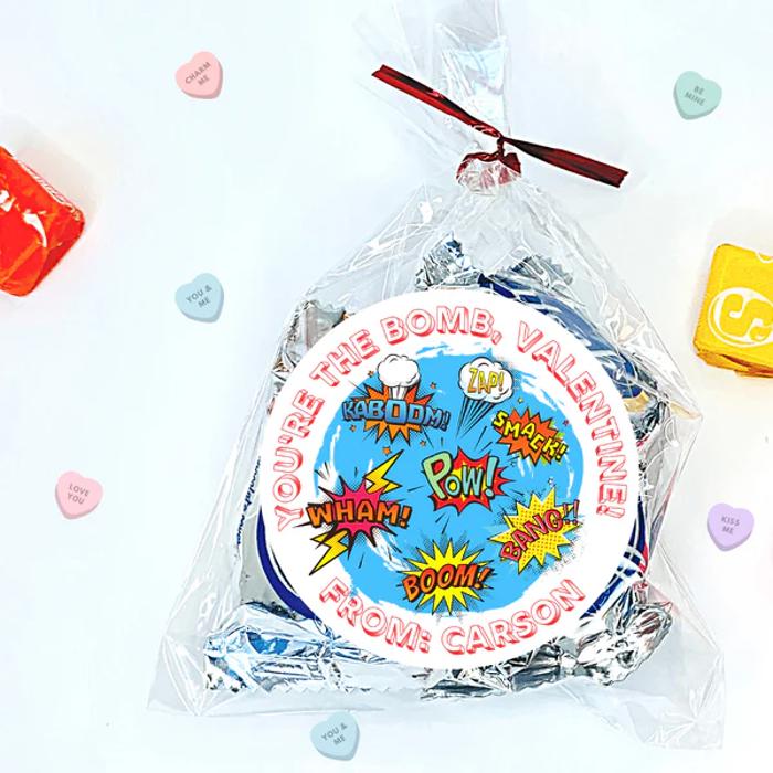 Personalized Kids Holiday / Valentines Day Party Stickers & Treat Bags 