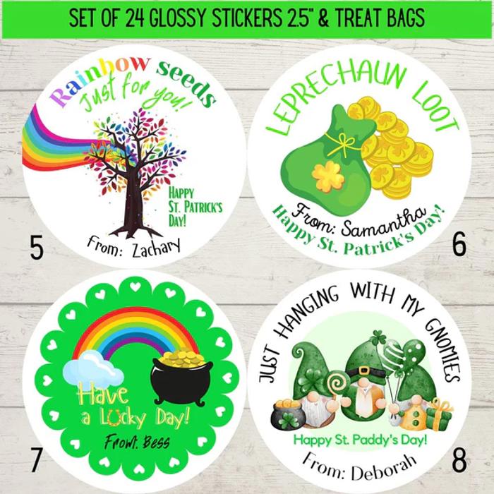 Personalized St. Patrick's Green Leprechaun Party Stickers & Loot Bags