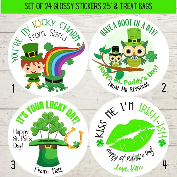 Personalized St. Patrick's Green Leprechaun Party Stickers & Loot Bags