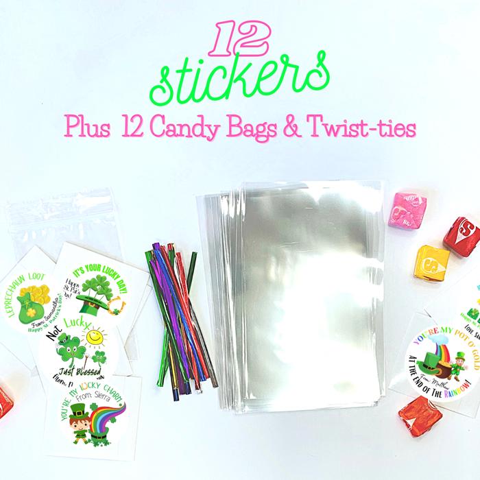 Personalized St. Patrick's Green Leprechaun Party Stickers & Loot Bags