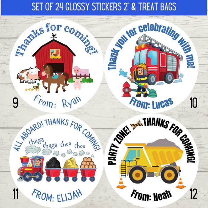 Personalized Boys Birthday Party Stickers & Treat Bags