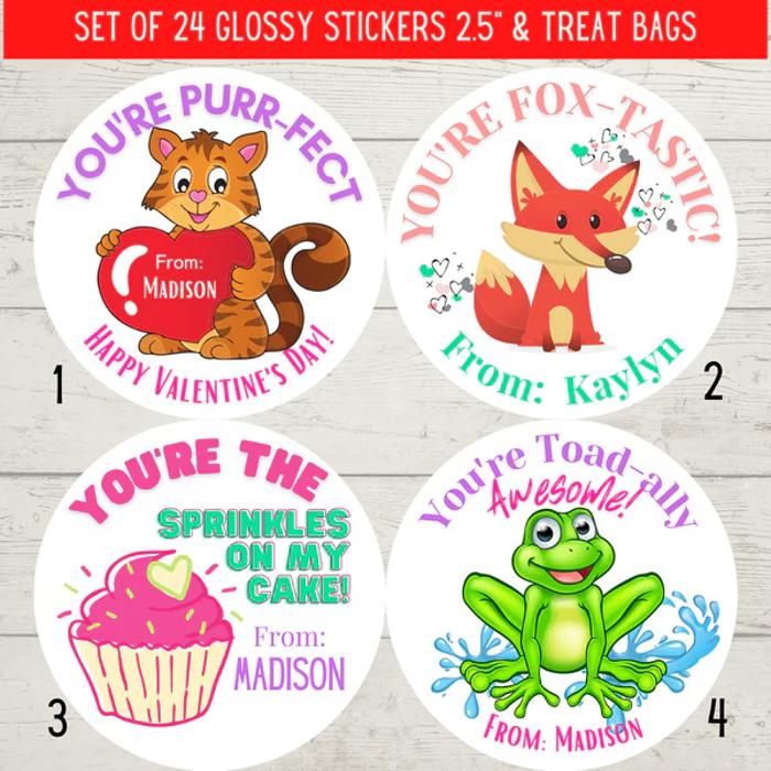 Personalized Kids Holiday / Valentines Day Party Stickers & Treat Bags 